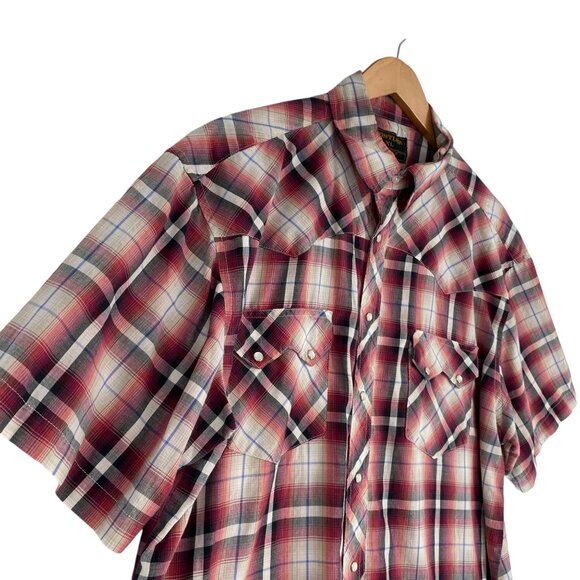 Vtg Rustler Wrangler Plaid Pearl Snap Shirt XL Red Short Sleeve Western Rodeo - Picture 8 of 11